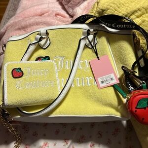 Juicy Couture Lemon Yellow Tote with Strawberry Pouch and White Trim